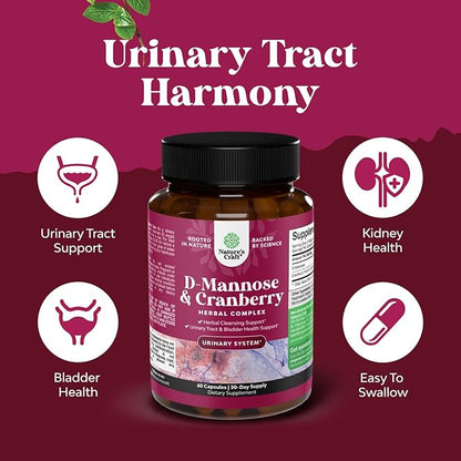 D Mannose with Cranberry Supplement - D Mannose 1000mg per Serving Capsules for Kidney Defense Support & Cleanse and Urinary Tract Health for Women & Men - Adults Bladder Health Supplement - 60 Count