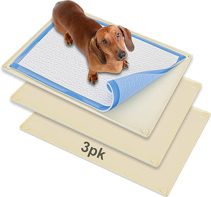 TidyFriend 3 Pk Pee Pad Holder Tray Fits for 30” x 23” Pee Pads with Corner Lock Holes, Raised Edges, Non-Spill, Easy to Clean Silicone Dog Potty Tray Holder for Indoor Floor Protection (Beige)