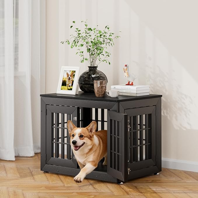 Snuowu 32" Heavy Duty Dog Crate Furniture for Small,Medium and Large Dogs,Rustic Wooden Dog Cage Kennel Indoor Furniture with Waterproof Top,Decorative Pet House Side End Table (Black)