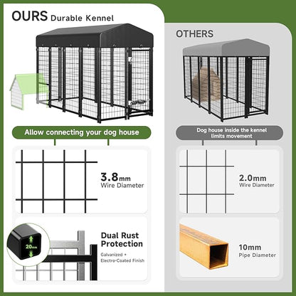 Dog Kennel Outdoor, Large Outside Dog Kennel with Roof & Swivel Feeders/Removable Doggy Door Allow Connecting Your Dog House, Heavy Duty Dog Run Pen for Medium/Large Dogs (8'L x 4'W x 6'H)
