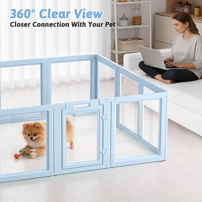 DIY Clear Acrylic Dog Playpen House,Quick Easy Assembly and Disassembly,Strong Floor Suction,Indoor and Outdoor Use,Easy Cleansing Puppy Fence (Sky Blue, 30.3" H, 12PCS)
