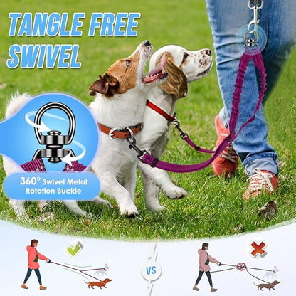 AUTOWT Double Dog Leash, No Tangle 360°Swivel Rotation Reflective Lead Attachment Adjustable Length Dual Two Dogs Lead Splitter, Comfortable Shock Absorbing Walking Training for 2 Dogs