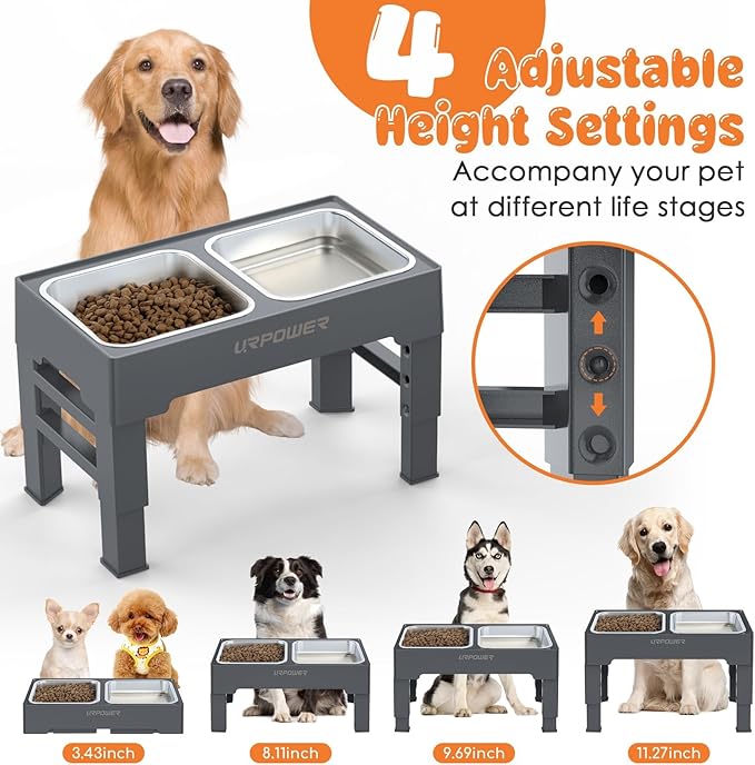 URPOWER Raised Dog Bowls 4 Height Adjustable Elevated Bowl Stand with Stainless Steel Water Bowl Non-Slip Dog Food Bowls Stand for Small Medium Large Dogs and Pets