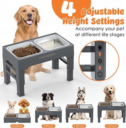 URPOWER Raised Dog Bowls 4 Height Adjustable Elevated Bowl Stand with Stainless Steel Water Bowl Non-Slip Dog Food Bowls Stand for Small Medium Large Dogs and Pets