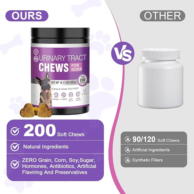 Dog Uti Treatment Cranberry Supplement for Dogs 200 Chews Urinary Tract Medicine Bladder Control Pills Kidney Support Cranberrys Extract Bites Uti Infection Treats Incontinence Remedy for Dogs Chicken