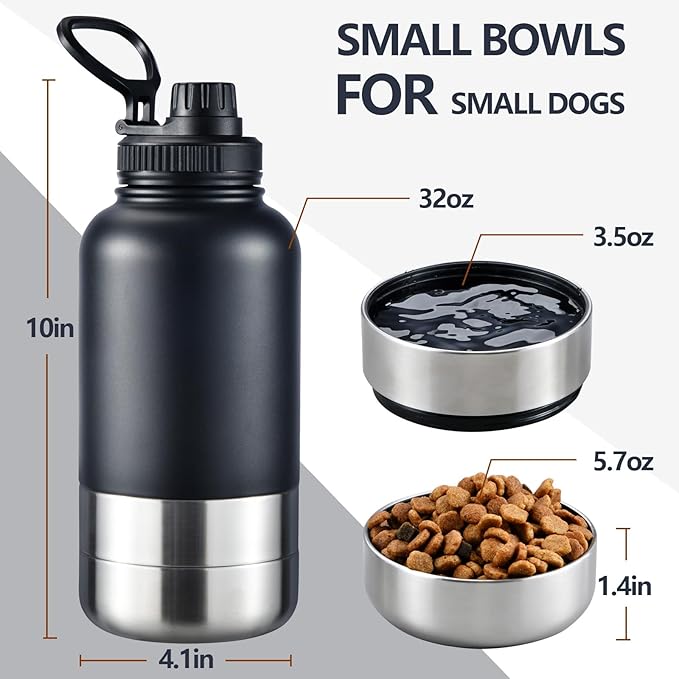 Cibaabo Insulated Dog Water Bottle with 2 Bowls, 32oz Travel Stainless Steel Double Wall Thermos, Portable Pet Dispenser, Gifts for Puppy Small Medium Dogs Walking Hiking and Camping