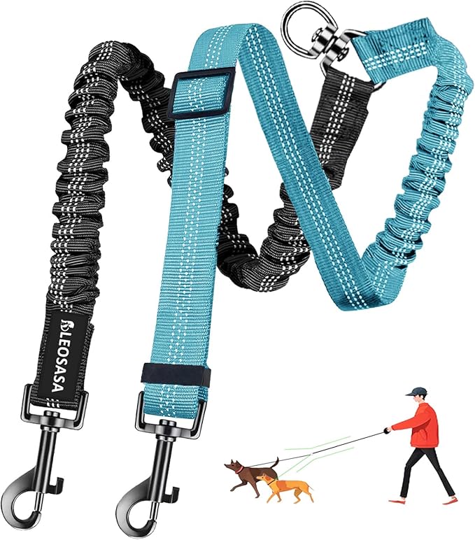 Double Dog Leash - 360°Swivel Tangle Free Splitter Attachment, 2 Dogs Multi-Functional Leashes, Dual Rope for Outdoor Walk Train Small Medium Large Two Pet, Lake Blue