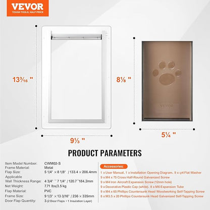 VEVOR 3-Flap Pet Door for Wall, Metal Frame with Lock, Energy-Efficient Insulated Pet Door, Easy to Install in Interior or Exterior Walls, Dog Door for Small Dogs (White-Small)