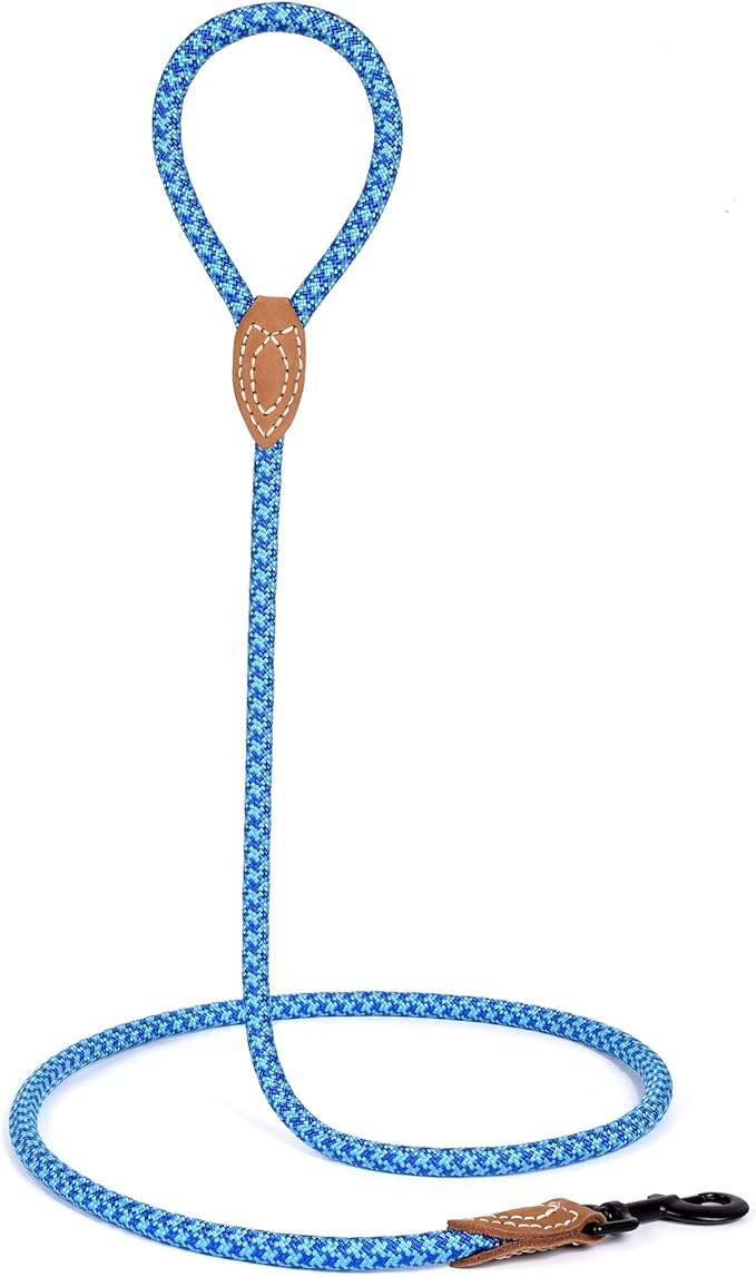 Mile High Life | Mountain Climbing Dog Rope Leash with Heavy Duty Metal Sturdy Clasp | Genuine Leather Tailored Connection with Strong Stitches (Sky Blue Hot Blue, 48 Inch (Pack of 1))