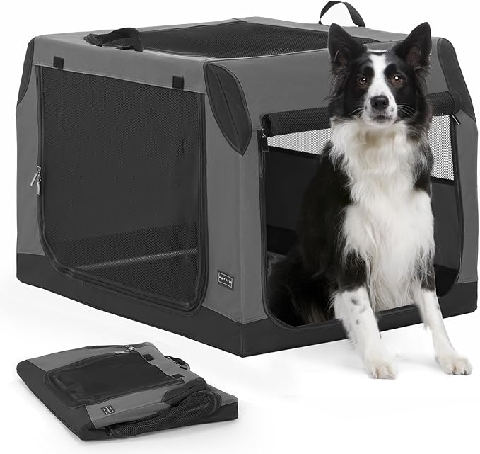 PETSFIT Dog Travel Crate, Soft Sided Dog Crate - 36 Inch Sturdy Adjustable Structure, Easy to Set Up, Collapsible Dog Crate for Car, Light Tough with 3 Mesh Doors Gray