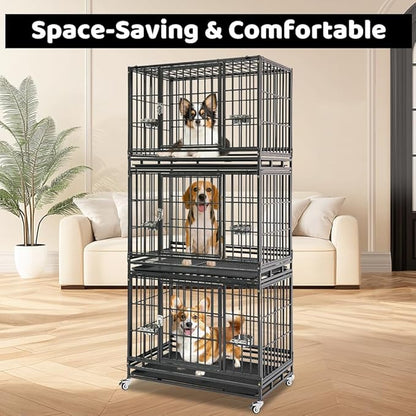 Homey Pet 3 Pack Three Levels 37 Inch Dog Crate, Escape Proof Dog Cage Kennel Indoor with Top Access and Lockable Wheels, Removable Tray, Heavy Duty Dog Crates for Medium/Small Dogs