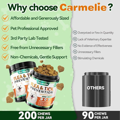Carmelie Flea and Tick Prevention for Dogs - 200 Soft Chewables Natural Dog Flea and Tick Support - Oral Flea Supplement for All Breeds & Size Dogs, Puppy Flea Protection - Duck Flavor