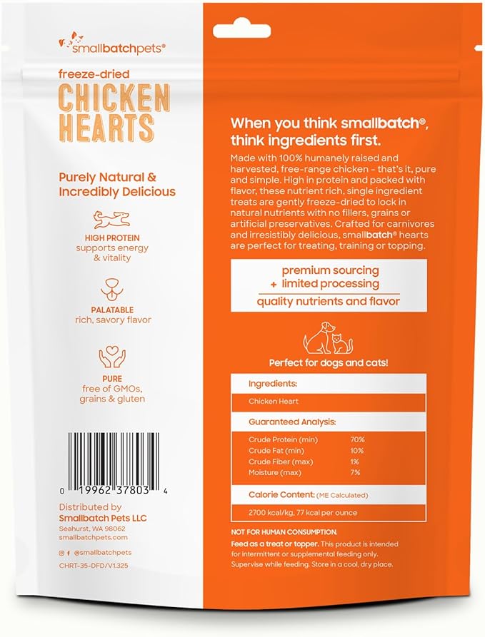 smallbatch Pets Premium Freeze-Dried Chicken Heart Treats for Dogs and Cats, 3.5 oz, Made and Sourced in The USA, Single Ingredient, Humanely Raised Meat, No Preservatives or Anything Artificial Ever