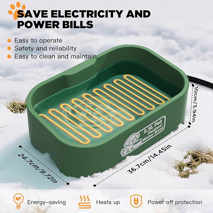 IPOW Pet Heated Water Bowl - 5.5L Extra-Large Rectangular Outdoor Durable Outdoor Dog Bowl with Anti-Chew Cord, Keep Water Warm at 77-95℉ for Cats & Dogs, BPA-Free, Spill-Proof, Green