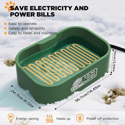 IPOW Pet Heated Water Bowl - 5.5L Extra-Large Rectangular Outdoor Durable Outdoor Dog Bowl with Anti-Chew Cord, Keep Water Warm at 77-95℉ for Cats & Dogs, BPA-Free, Spill-Proof, Green