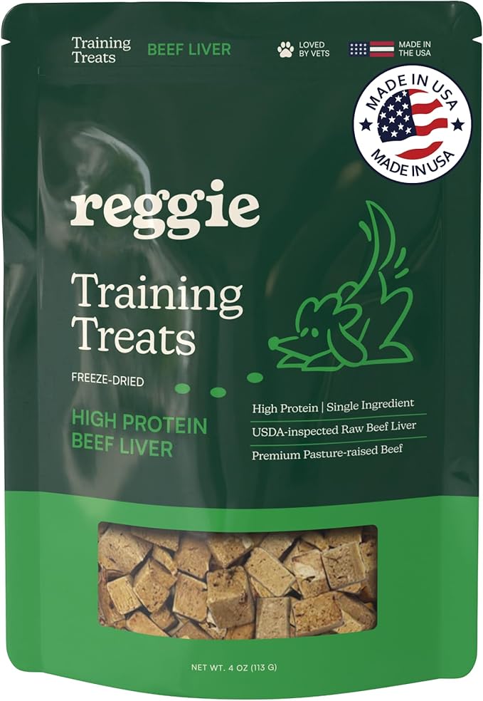 Reggie Freeze-Dried Beef Liver Treats Single Ingredient Dog Treats, High Protein Training Treats or Meal Topper for All Dogs, USDA-Inspected Beef Liver, Grain-Free, Gluten-Free, USA Made | 4OZ
