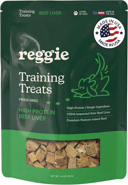 Reggie Freeze-Dried Beef Liver Treats Single Ingredient Dog Treats, High Protein Training Treats or Meal Topper for All Dogs, USDA-Inspected Beef Liver, Grain-Free, Gluten-Free, USA Made | 4OZ