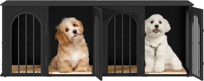 Hzuaneri 63" Dog Crate Furniture for 2 Dogs, Heavy Duty Indoor Dog Kennel TV Stand, L Wooden Dog Cage with Divider for Medium Large Dogs, End Table Dog Crate with Cushion, Black DFC80904B