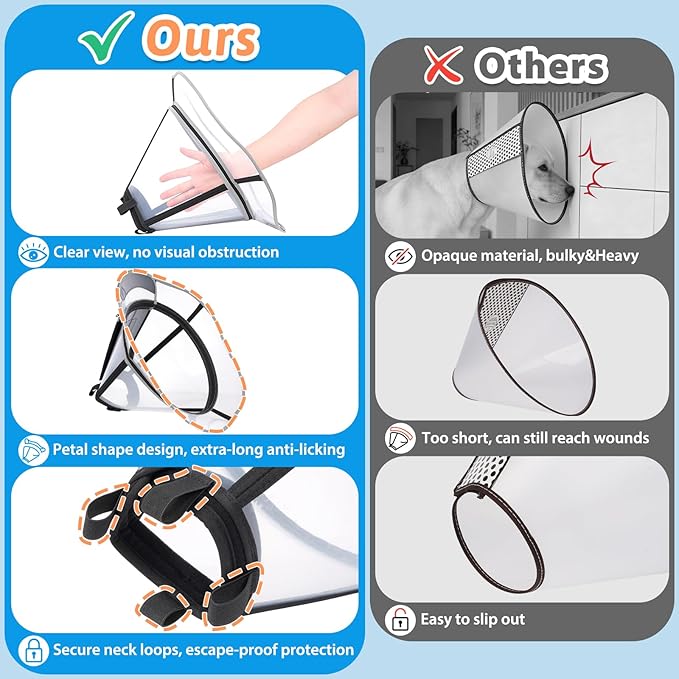 Extended Dog Cone to Stop Licking, Adjustable Depth, Transparent Recovery Collar for Large Medium Dogs, Soft E-Collar After Surgery Neuter with Reflective Strip for Night Visibility XL