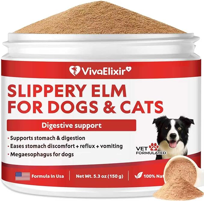 Slippery Elm for Dogs – Megaesophagus Dog Aid – Vet-Formulated Organic Slippery Elm Bark Powder – Cat Digestive Support – Relief for Constant Upset Stomach, Acid Reflux, Throwing Up – 5.3 oz