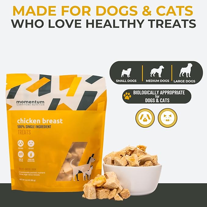 Momentum Carnivore Nutrition Freeze-Dried Chicken Breast Dog Treats & Cat Treats – Single-Ingredient, High-Protein, Grain-Free, Lean & Easily Digestible – Made in USA – 3 oz Bag