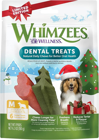 Wellness WHIMZEES Holiday Dog Dental Treat, Christmas Winter Seasonal Gift, Chews, Freshens Breath, Medium Size, 6.3 oz Bag, 6 Count