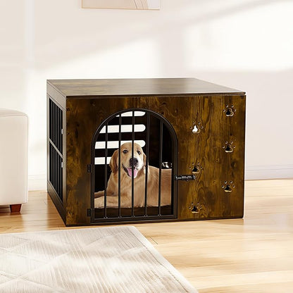 Dog Crate Furniture for Small Medium Dogs, Heavy Duty Wood Metal Indoor Dog Kennel with Bowls, Decorative Pet Cage Dog House as TV Stand, Brown
