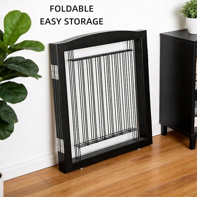 ZJSF Freestanding Dog Fence Indoor, Foldable Dog Gate for Doorways, Stairs or Hallways, Sturdy Wood Extra Wide Pet Gate with Support Feet for The House, Black, 24 "Height-4 Panels