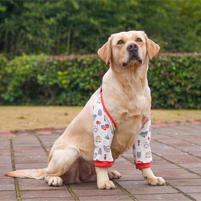 HDKUW Dog Elbow Protector for Calluses, Recovery Suit for Front Legs, Cone Collar Alternative to Stop Licking Wounds, Cover Sleeve for Small Medium Large Dogs - Red Car XL