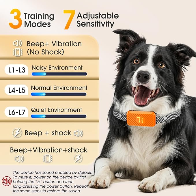 Dog Bark Collar for Large Medium Small Dogs, Effective No-Bark Collar, Smart Barking Collar, Rechargeable Bark Collar with 7 Sensitivity, 3 Modes, Waterproof, Orange