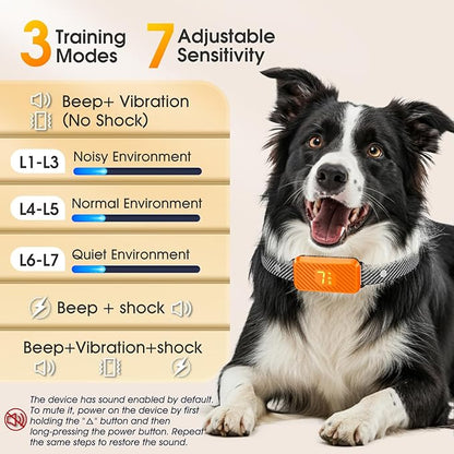 Dog Bark Collar for Large Medium Small Dogs, Effective No-Bark Collar, Smart Barking Collar, Rechargeable Bark Collar with 7 Sensitivity, 3 Modes, Waterproof, Orange