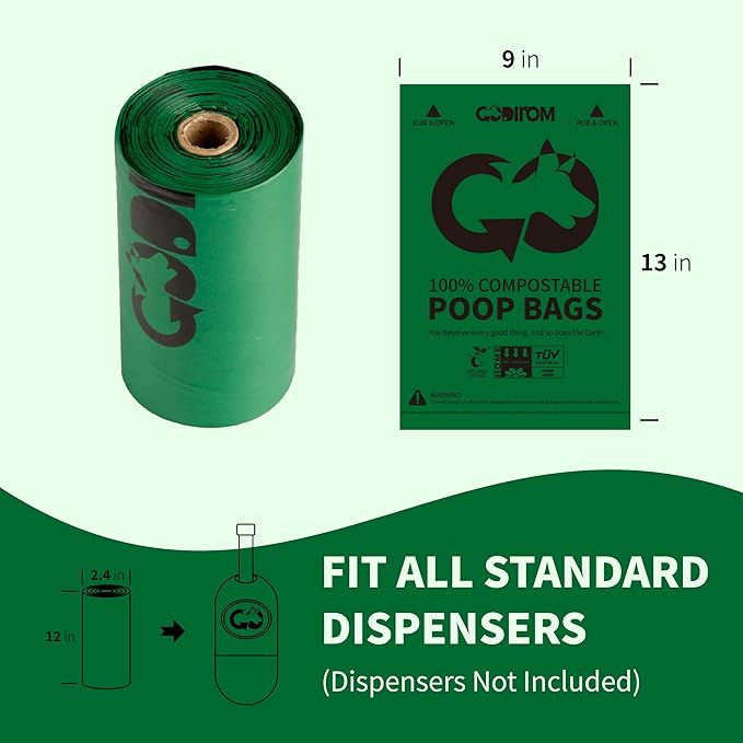 Certified 100% Home Compostable Poop Bags for Dogs, 120 Count Guaranteed Leak Proof and 18 Microns Extra Thick Waste Bag, 8 Rolls of Plant Based Doggie Poop Bag, No Scented with ASTM D6400 & EN13432