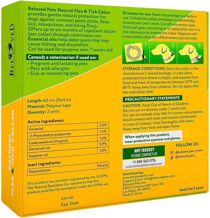 Natural Flea & Tick Repellent Collar for Dogs – Plant-Based, Waterproof, 6-Month Pest Protection – Adjustable, Safe (1 Pack, 2 Count)