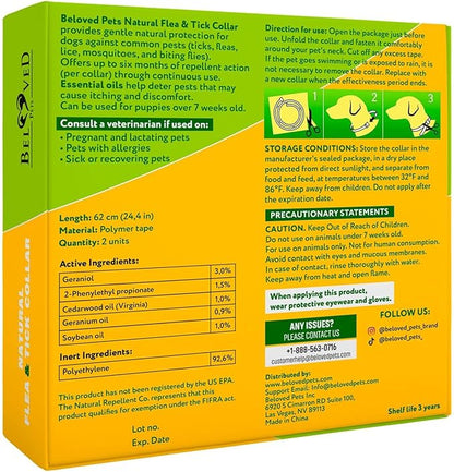 Natural Flea & Tick Repellent Collar for Dogs – Plant-Based, Waterproof, 6-Month Pest Protection – Adjustable, Safe (1 Pack, 2 Count)