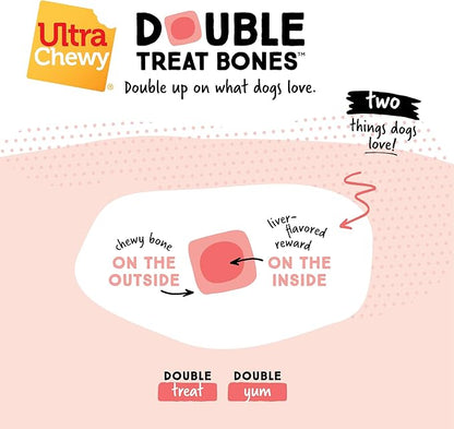 Ultra Chewy Liver, Double Treat Bones: Long-Lasting Dog Treats Made in USA for Large and Small Breeds, Highly Digestible, Ideal for Aggressive Chewers (24 Individually Packed Bones)