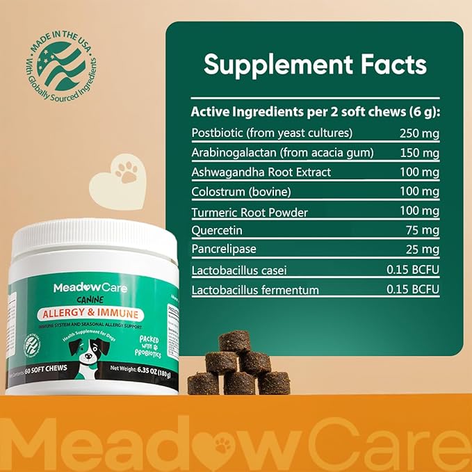 Allergies & Immune Support for Dogs | Canine Seasonal Allergy Relief & Healthy Immune System Support | Packed with Probiotics and Turmeric | 60 Soft Chews180 g (6.35 oz) | Meadowcare