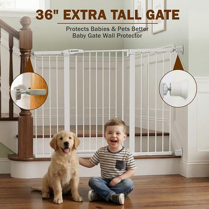 Mumeasy 36" Extra Tall Baby Gate for Doorways, 29.7"-57" Extra Wide Dog Gate for Stairs, Pressure Mounted Auto Close Pet Safety Gate with Easy Walk Thru Door, Large Indoor Child Gate for House, White