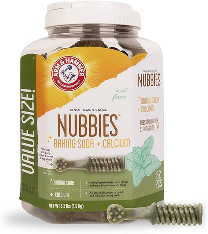 Arm & Hammer for Pets Nubbies Dental Treats Value Size - Baking Soda & Calcium Dog Dental Chews, Helps Scrub Plaque & Tartar While Chewing, Mint Flavor, 62 Count, 52.8 Oz