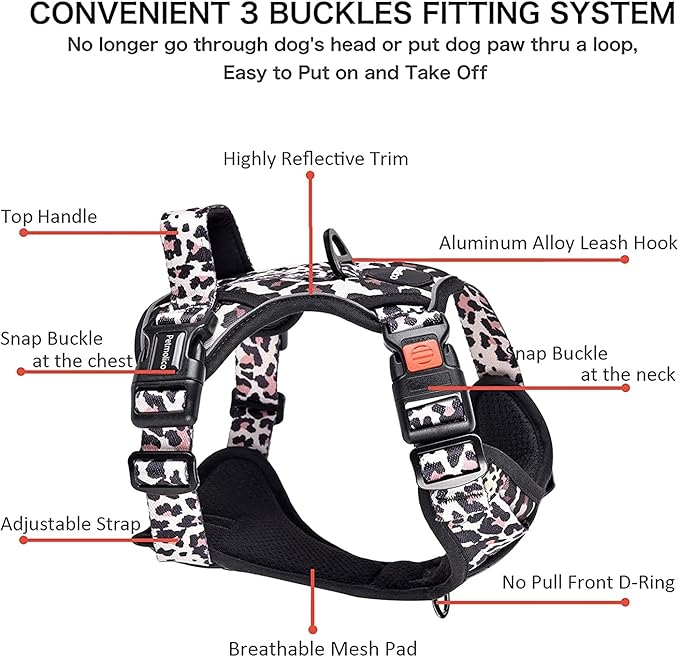 Petmolico No Pull Dog Harness Set with Leash Attachment Easy Control Handle Reflective Harness Vest Small Breed, Puppy Vest and Leash Set with Poop Bag Holder, Medium - Leopard