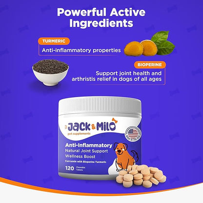 Jack & Milo Supplement Anti Inflammatory for Dogs with Turmeric, Hip, and Joint - Dog Arthritis Pain Relief, Support for Mobility & Wellness, USA Made-GMP Certified, Non-GMO, 120 Tablets