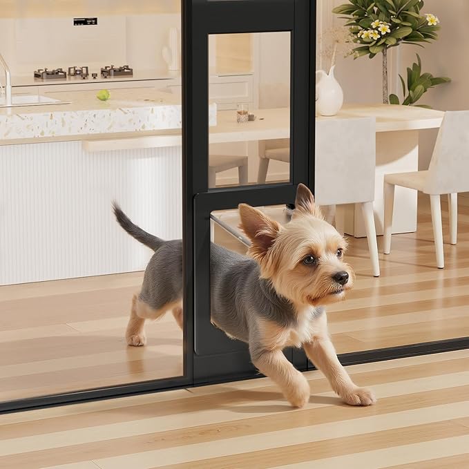 Dog Door for Sliding Glass Door with Magnetic Plastic Flat, Sliding Door Pet Doggie Door Insert with Lock, Adjustable Height No-Cut Required Doggy Door Access for Renters, Apartments, Patio (Black, S)