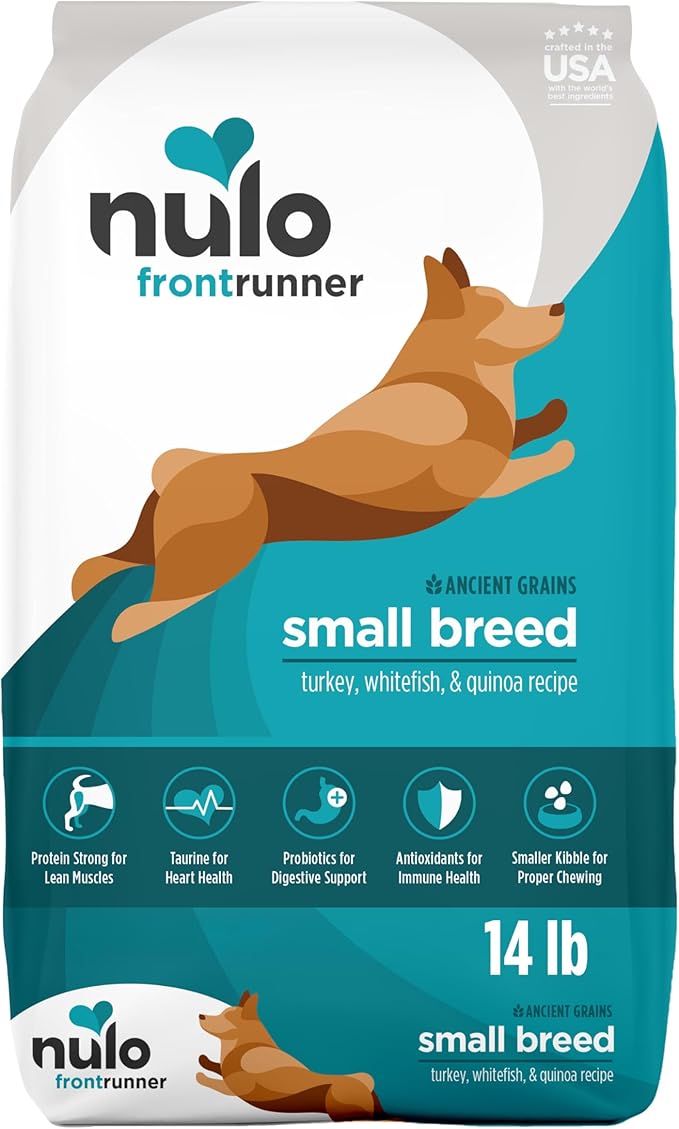 Nulo Frontrunner Dry Dog Food Small Breed - High-Protein Turkey, Whitefish & Quinoa Recipe, Natural Puppy & Adult Dog Food, Small Sized Kibble with Probiotics, Taurine, Omega 3, 14lb Bag