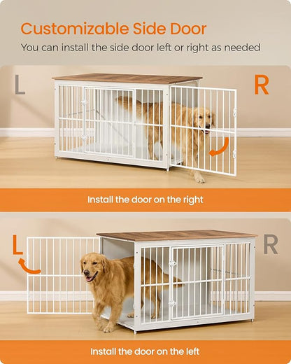 Feandrea Wooden Dog Crate Furniture, 48 Inches Heavy-Duty Kennel for Dogs up to 110 lb, with Double Doors and Enclosed Wood Base, Modern Pet Cage End Table Indoor, Rustic White and Honey Brown