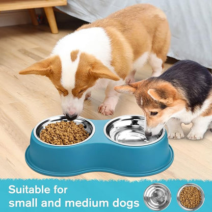 Epetslove Dog Bowls Double Dog Water and Food Bowls Stainless Steel Bowls with Non-Slip Resin Station, Pet Feeder Bowls for Puppy Medium Dogs Cats
