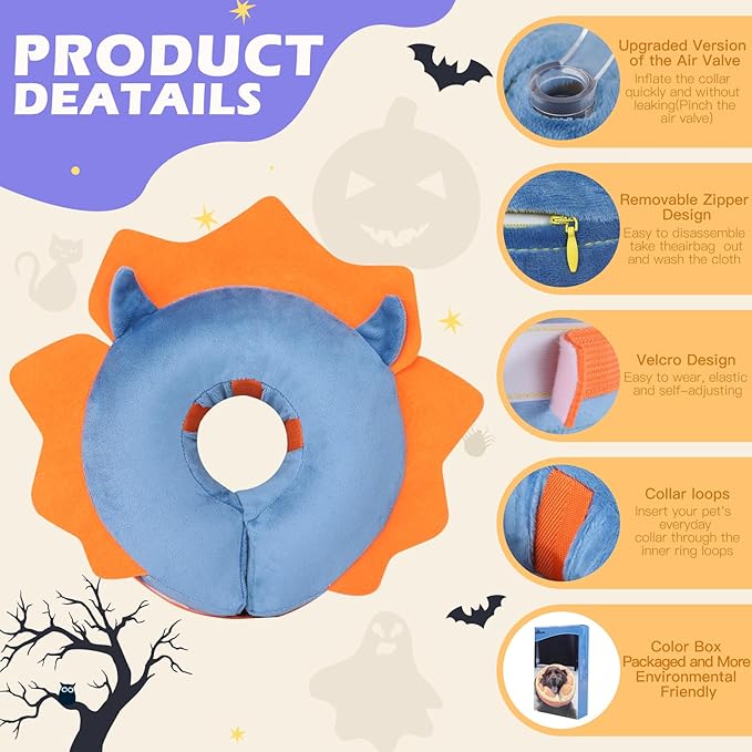 IEUUMLER Inflatable Recovery Dog Collar, Protective Donut Cone, Adjustable Soft Collar for Dog and Cat After Surgery Prevent from Biting & Scratching EU002 - Blue Demon L