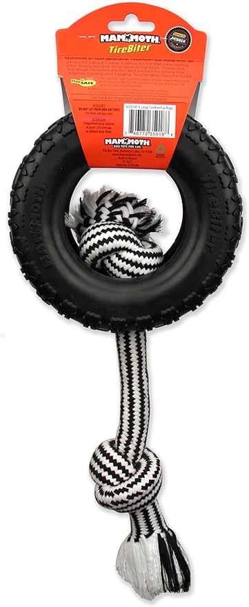 Mammoth Pet Products TireBiterII with Cotton-Poly Rope-Natural Rubber Dog Toys for Extreme Chewers-Dog Toys for Extra Long Interactive Play-Aggressive Chewer Toys for Large-X-Large 7" Black (35018F)