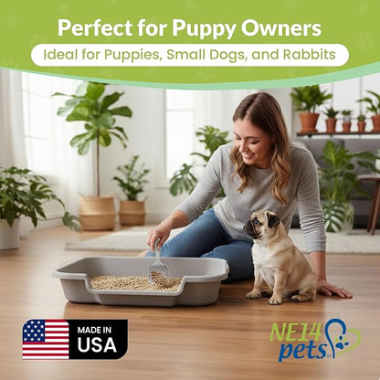 Puppy Pan Indoor Litter Box Training Starter Kit, Misty Gray Large Pan with Natural Pine Litter, Extra Long Litter Scoop and Training Guide