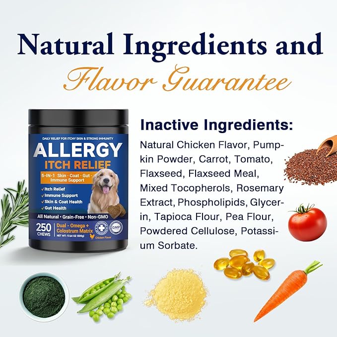 Dog Allergy Chews,is Omega 3 Human,Anti Itch Relief for Dogs Itching Skin Relief and Aller Immune Pet Multivitamin Allergy Chews Coat Licking Supplement Pills Meds Treats 250 Bites for Dogs