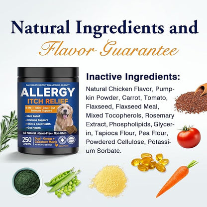 Dog Allergy Chews,is Omega 3 Human,Anti Itch Relief for Dogs Itching Skin Relief and Aller Immune Pet Multivitamin Allergy Chews Coat Licking Supplement Pills Meds Treats 250 Bites for Dogs