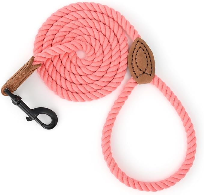 Mile High Life Dog Leash, Braided Cotton Rope Leashes with Leather Tailor Tip with Leather Tip - Heavy Duty Metal Clasp, 5FT, 1/2" Thick - Wedding, Walking Leash for Medium Large Dogs(Pink)